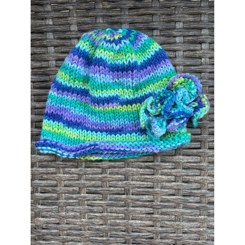 Handmade Kids Knit Beanie Blue Green Purple Striped Flower Winter Hat